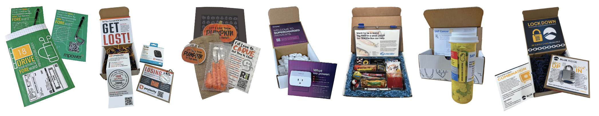 7 different physical marketing and sales campaign prototypes staged in their boxes with artwork