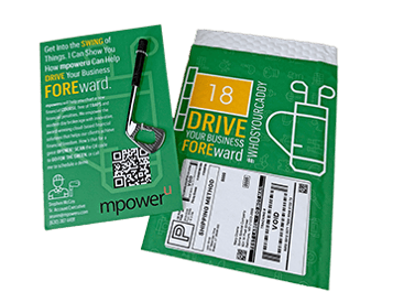 DRIVE Your Business FOREward Sample Campaign Unit With a Golf Iron shaped bottle opener and padded envelope